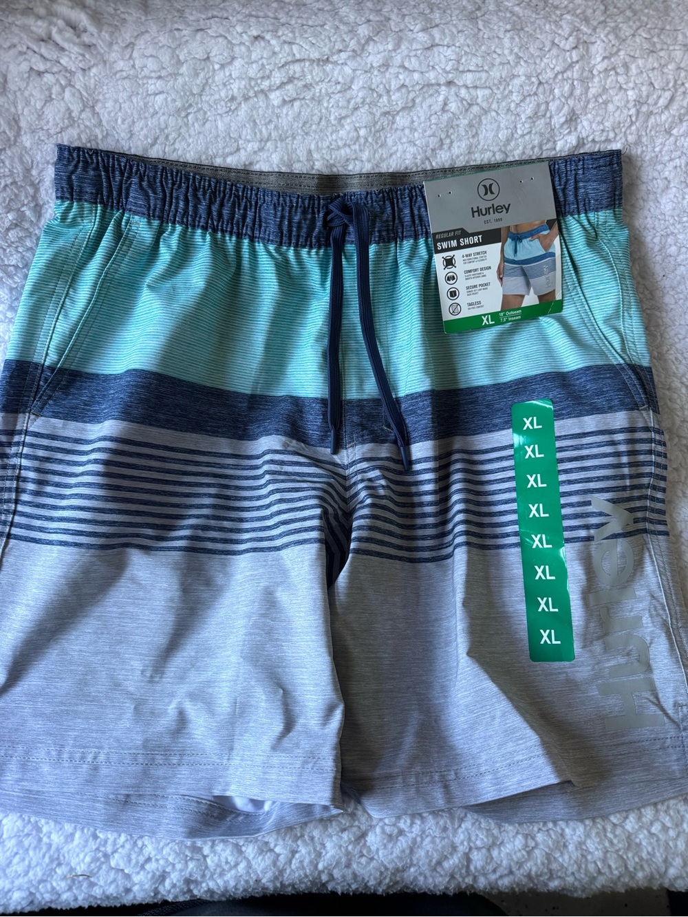 Hurley Men’s Aqua Teal & Gray Striped Swim Trunks